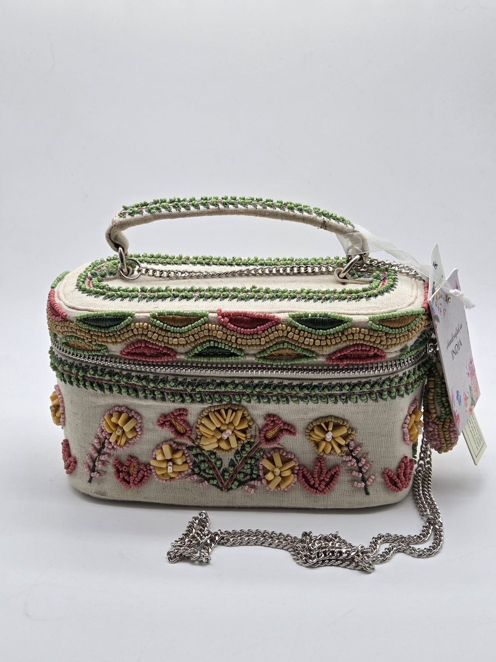 NWT Handmade BMarshalls Cream Crossbody Bag with Pink, Green & Yellow Embroidery